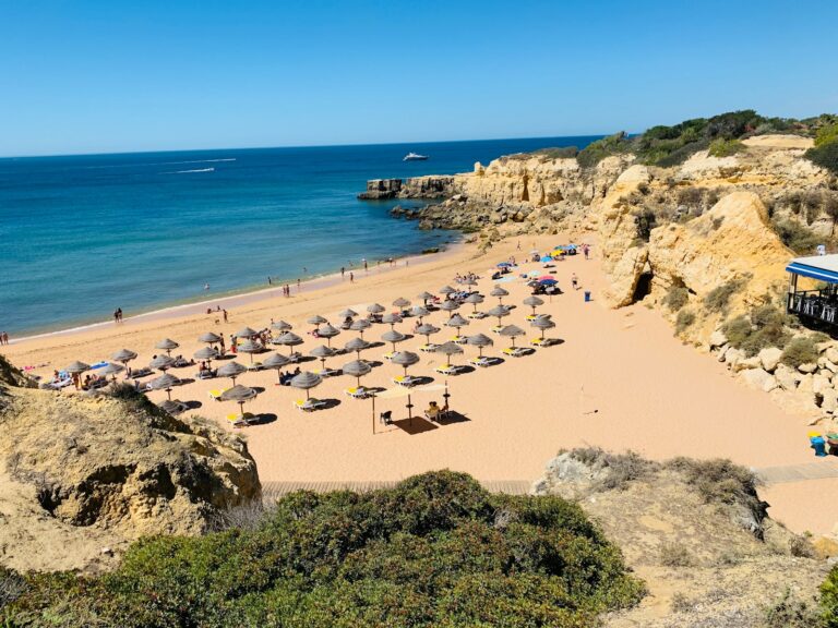 Een zandstrand in de Algarve met rijen parasols en ligstoelen. Mensen zijn verspreid langs de kust en in het water. De zee is kalm en de lucht is helder. Rotsachtige kliffen omringen het strand en een paar boten zijn zichtbaar aan de horizon.