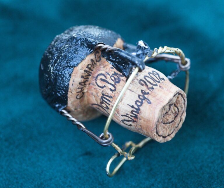 Een champagnekurk met een metalen kooi wordt op een blauwgroen oppervlak tentoongesteld. De kurk is gemerkt met "Vintage 2002" en "Dom Pérignon". De bovenkant is bedekt met zwarte kit.