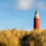 Een rode vuurtoren met een witte top staat achter een veld met hoog, goudkleurig gras onder een blauwe lucht met een paar wolken. Texel
