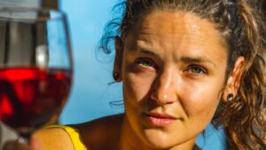 Een vrouw met krullend haar en oorbellen houdt een glas rode wijn dicht bij haar gezicht en kijkt recht in de camera. Ze draagt een geel topje en wordt verlicht door zonlicht. De achtergrond is onscherp.